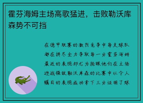 霍芬海姆主场高歌猛进，击败勒沃库森势不可挡