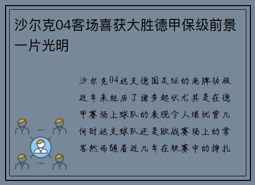 沙尔克04客场喜获大胜德甲保级前景一片光明