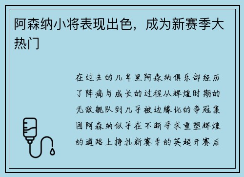 阿森纳小将表现出色，成为新赛季大热门