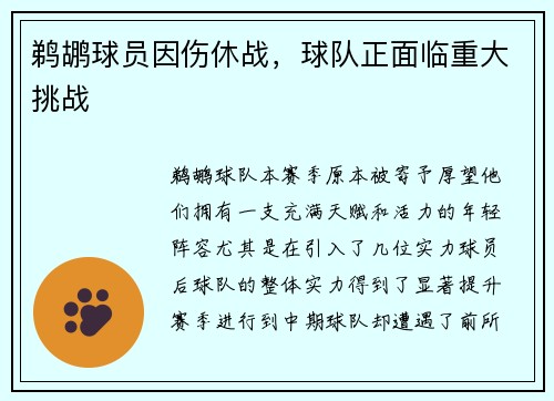 鹈鹕球员因伤休战，球队正面临重大挑战
