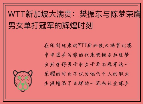 WTT新加坡大满贯：樊振东与陈梦荣膺男女单打冠军的辉煌时刻